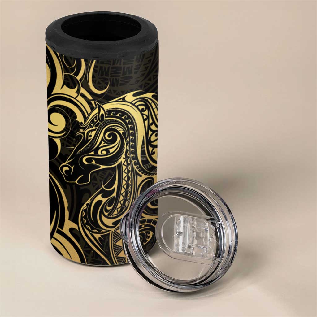 Gold And Black Aoteara Horse Racing 4 in 1 Can Cooler Tumbler NZ Maori Pattern