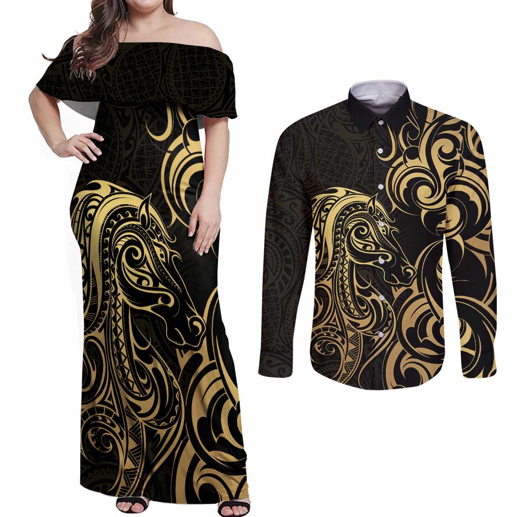 Gold And Black Aotearoa Horse Racing Couples Matching Off Shoulder Maxi Dress and Long Sleeve Button Shirt NZ Maori Pattern LT14 Black - Polynesian Pride