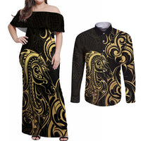 Gold And Black Aotearoa Horse Racing Couples Matching Off Shoulder Maxi Dress and Long Sleeve Button Shirt NZ Maori Pattern LT14 Black - Polynesian Pride