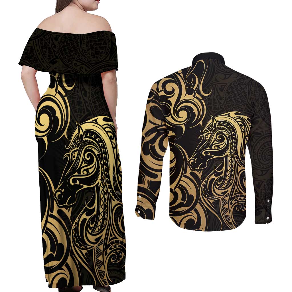 Gold And Black Aotearoa Horse Racing Couples Matching Off Shoulder Maxi Dress and Long Sleeve Button Shirt NZ Maori Pattern LT14 - Polynesian Pride