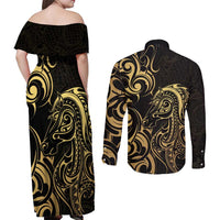 Gold And Black Aotearoa Horse Racing Couples Matching Off Shoulder Maxi Dress and Long Sleeve Button Shirt NZ Maori Pattern LT14 - Polynesian Pride