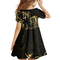 Gold And Black Aoteara Horse Racing Family Matching Off Shoulder Short Dress and Hawaiian Shirt NZ Maori Pattern