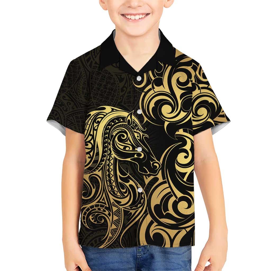 Gold And Black Aotearoa Horse Racing Kid Hawaiian Shirt NZ Maori Pattern LT14 Kid Black - Polynesian Pride