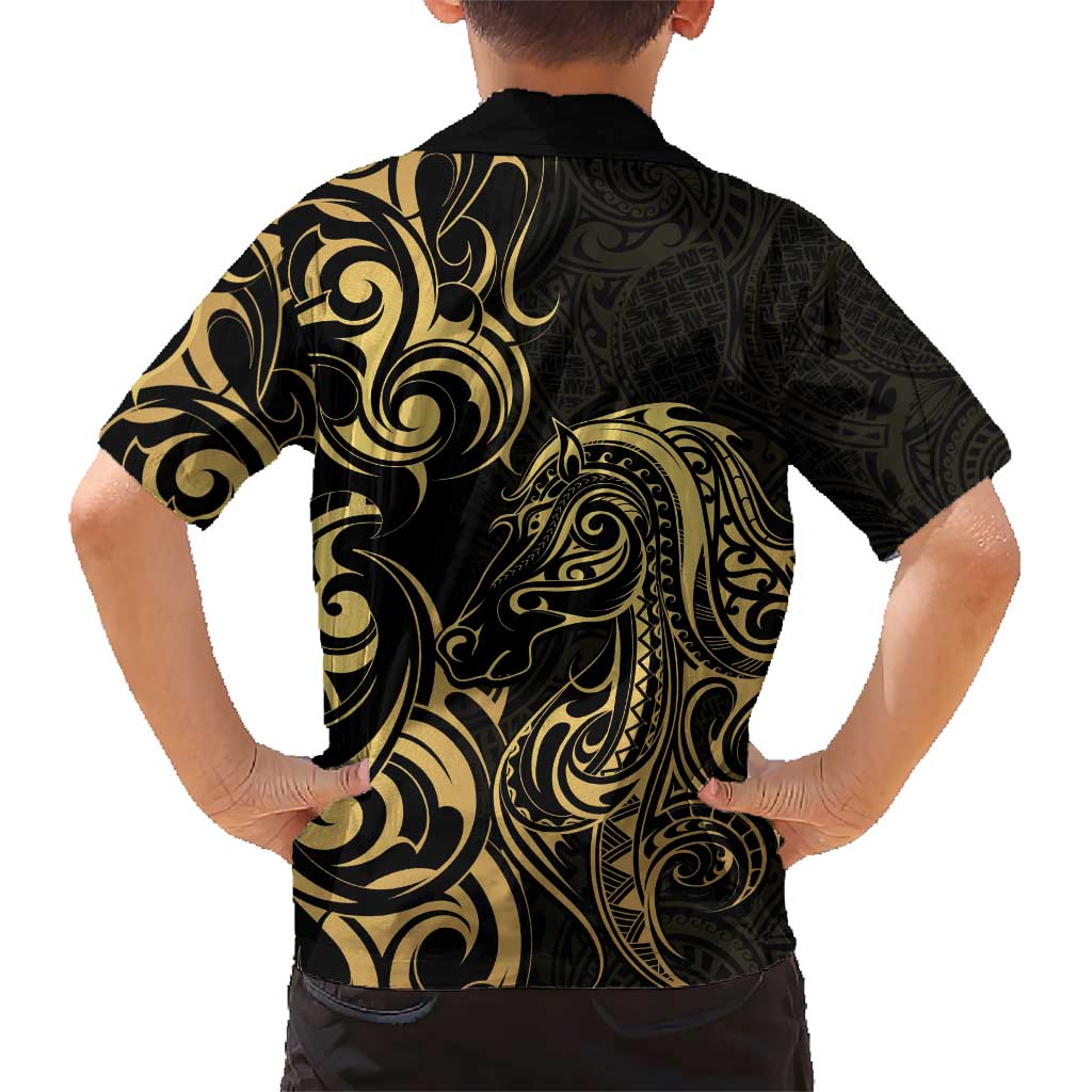 Gold And Black Aotearoa Horse Racing Kid Hawaiian Shirt NZ Maori Pattern LT14 - Polynesian Pride