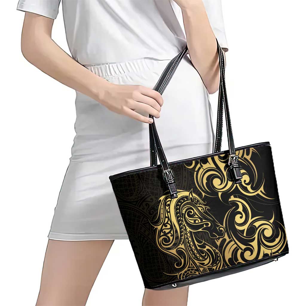 Gold And Black Aoteara Horse Racing Leather Tote Bag NZ Maori Pattern