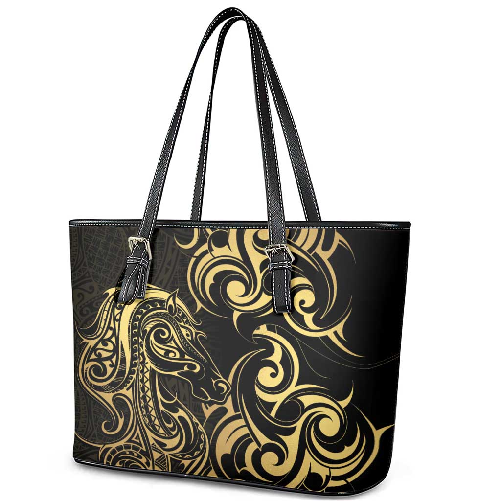 Gold And Black Aoteara Horse Racing Leather Tote Bag NZ Maori Pattern