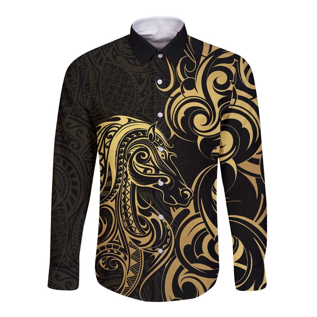 Gold And Black Aoteara Horse Racing Long Sleeve Button Shirt NZ Maori Pattern