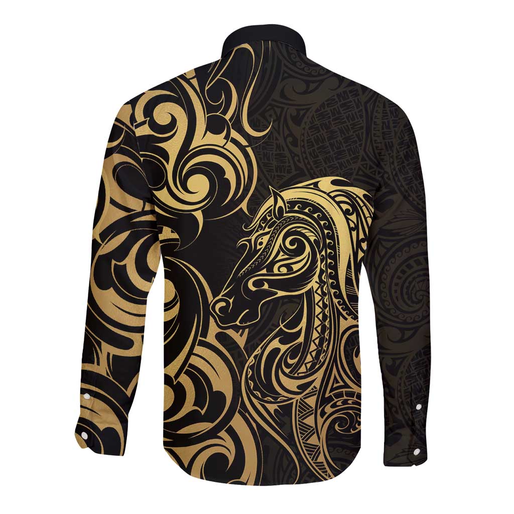 Gold And Black Aoteara Horse Racing Long Sleeve Button Shirt NZ Maori Pattern
