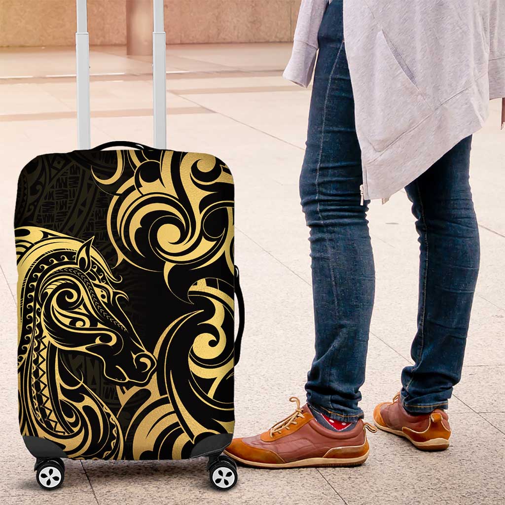 Gold And Black Aoteara Horse Racing Luggage Cover NZ Maori Pattern