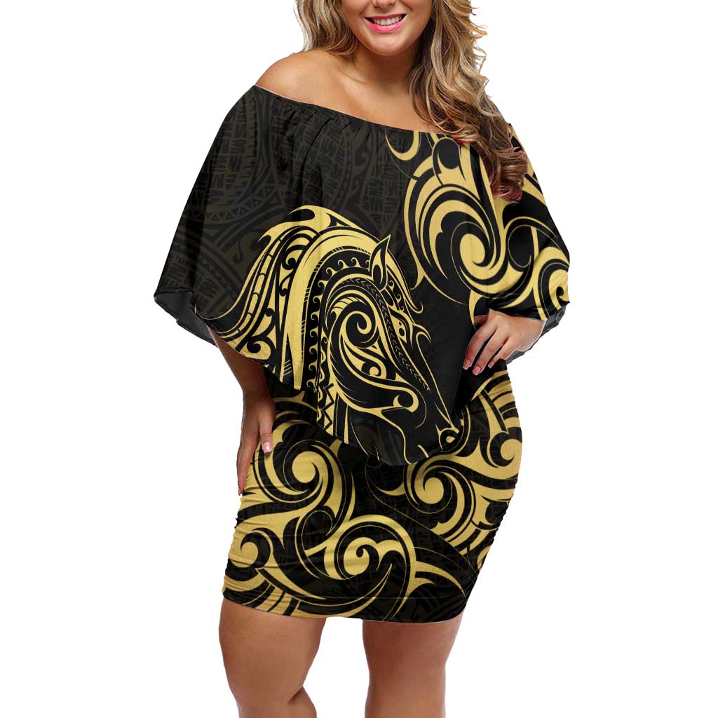 Gold And Black Aotearoa Horse Racing Off Shoulder Short Dress NZ Maori Pattern LT14 Women Black - Polynesian Pride