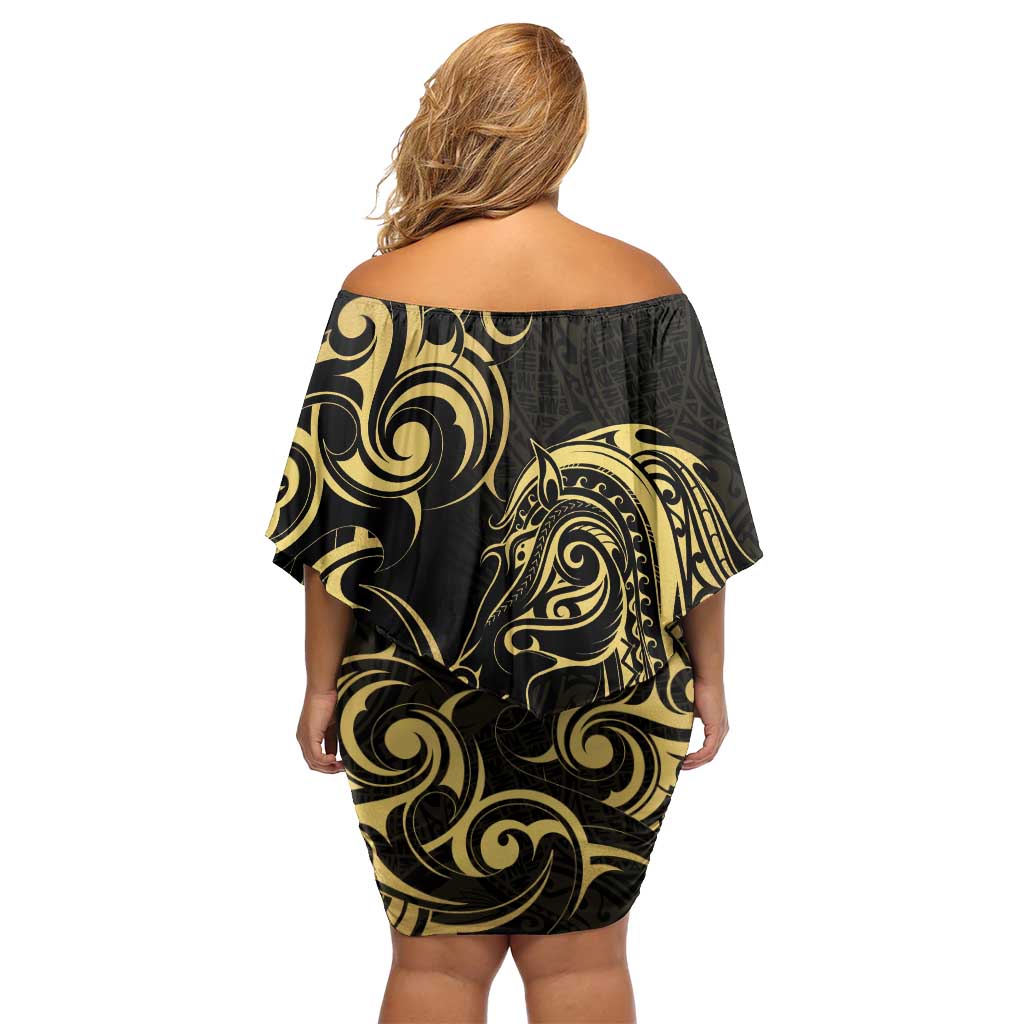 Gold And Black Aotearoa Horse Racing Off Shoulder Short Dress NZ Maori Pattern LT14 - Polynesian Pride