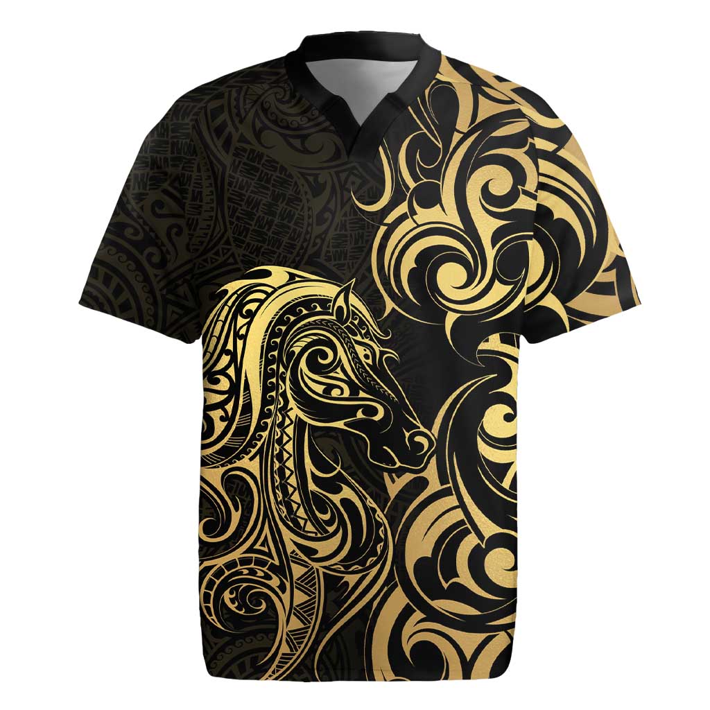 Gold And Black Aoteara Horse Racing Rugby Jersey NZ Maori Pattern
