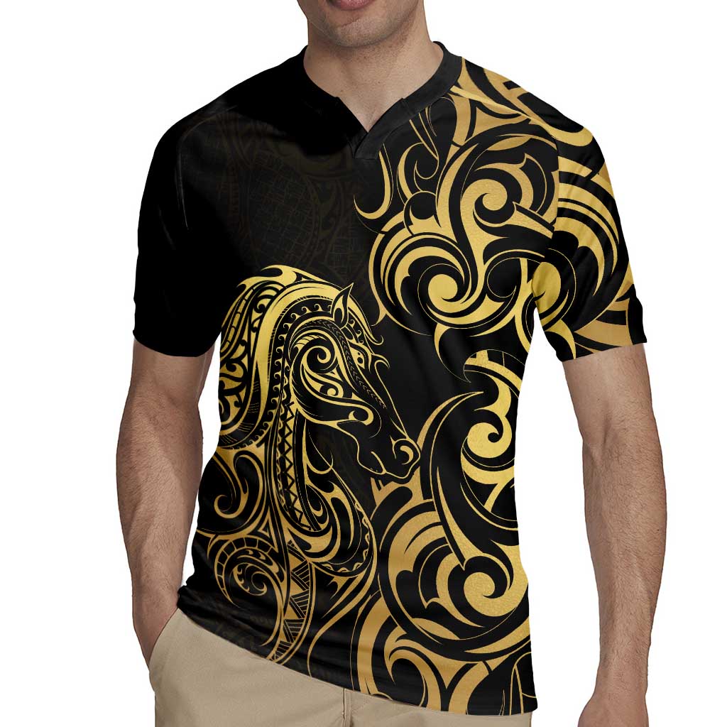 Gold And Black Aoteara Horse Racing Rugby Jersey NZ Maori Pattern