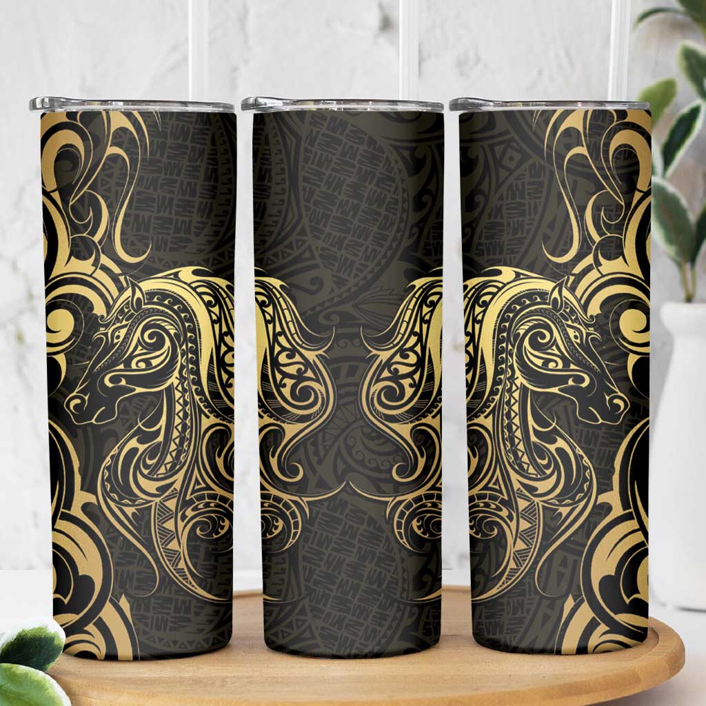 Gold And Black Aoteara Horse Racing Skinny Tumbler NZ Maori Pattern