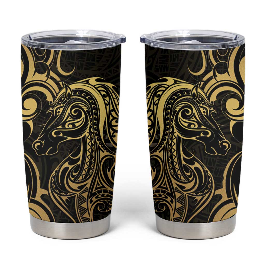 Gold And Black Aoteara Horse Racing Tumbler Cup NZ Maori Pattern