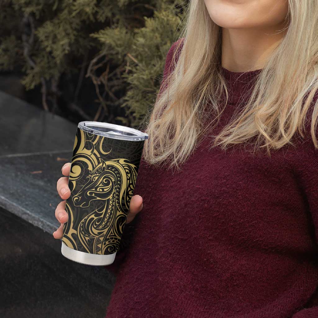 Gold And Black Aoteara Horse Racing Tumbler Cup NZ Maori Pattern