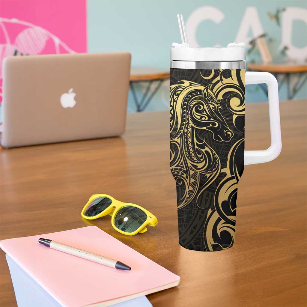 Gold And Black Aoteara Horse Racing Tumbler With Handle NZ Maori Pattern