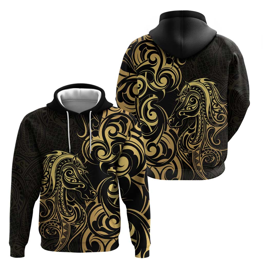 Gold And Black Aoteara Horse Racing Zip Hoodie NZ Maori Pattern