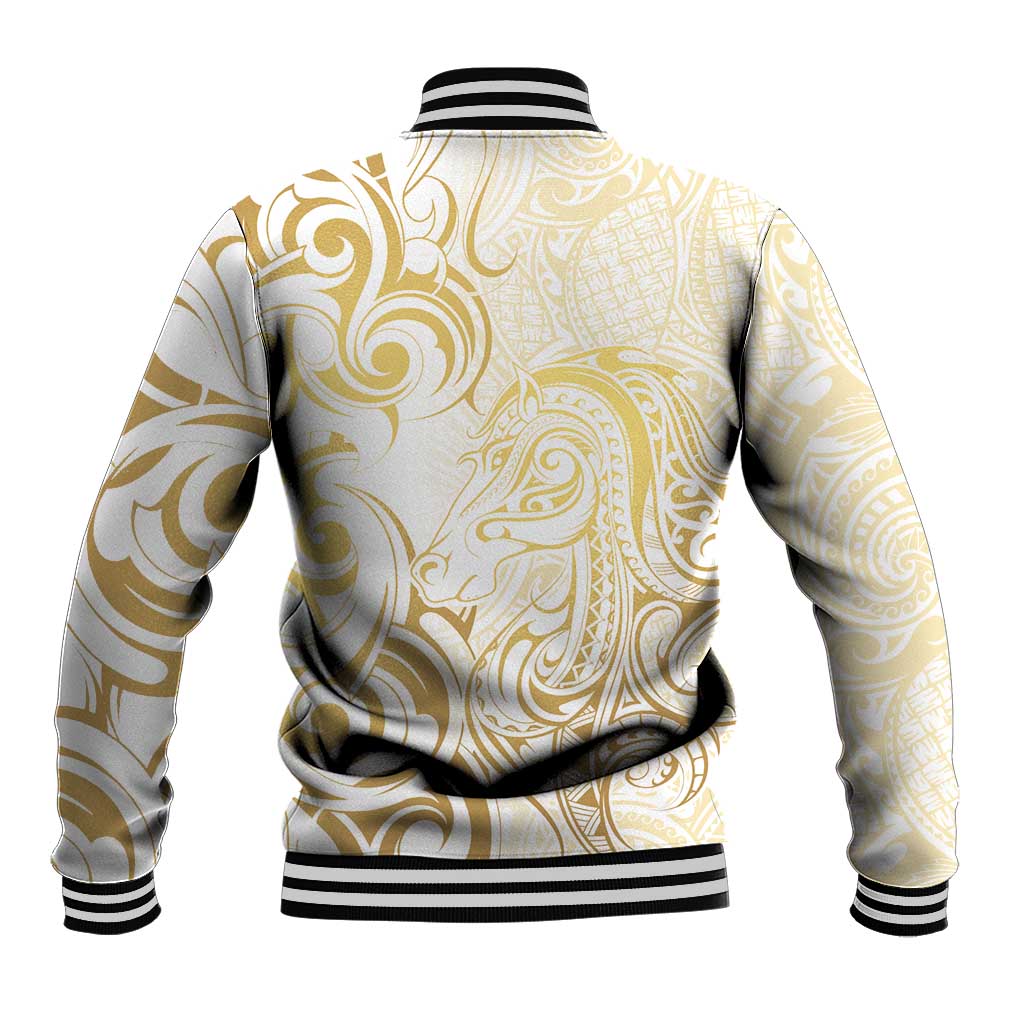 Gold And White Aoteara Horse Racing Baseball Jacket NZ Maori Pattern