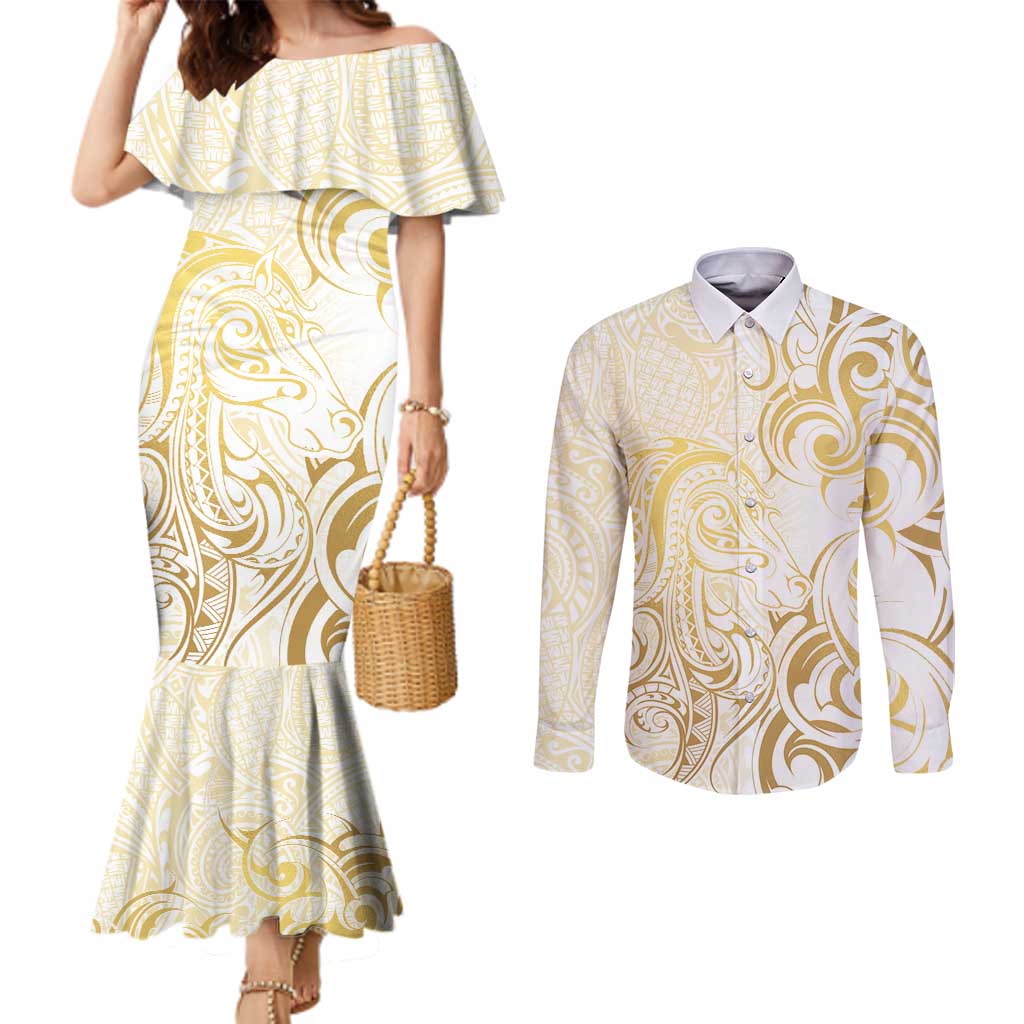 Gold And White Aotearoa Horse Racing Couples Matching Mermaid Dress and Long Sleeve Button Shirt NZ Maori Pattern LT14 White - Polynesian Pride