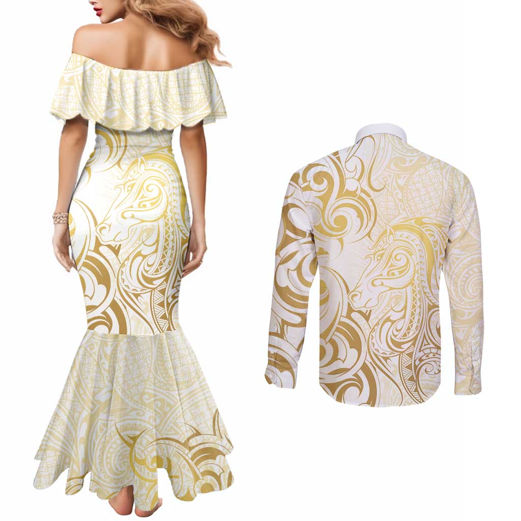 Gold And White Aotearoa Horse Racing Couples Matching Mermaid Dress and Long Sleeve Button Shirt NZ Maori Pattern LT14 - Polynesian Pride