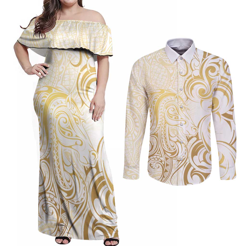 Gold And White Aotearoa Horse Racing Couples Matching Off Shoulder Maxi Dress and Long Sleeve Button Shirt NZ Maori Pattern LT14 White - Polynesian Pride