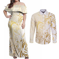 Gold And White Aotearoa Horse Racing Couples Matching Off Shoulder Maxi Dress and Long Sleeve Button Shirt NZ Maori Pattern LT14 White - Polynesian Pride