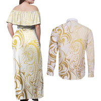 Gold And White Aotearoa Horse Racing Couples Matching Off Shoulder Maxi Dress and Long Sleeve Button Shirt NZ Maori Pattern LT14 - Polynesian Pride