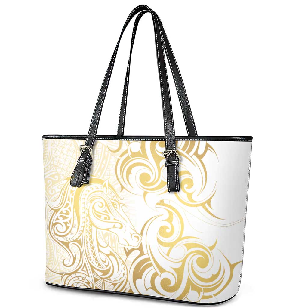 Gold And White Aoteara Horse Racing Leather Tote Bag NZ Maori Pattern