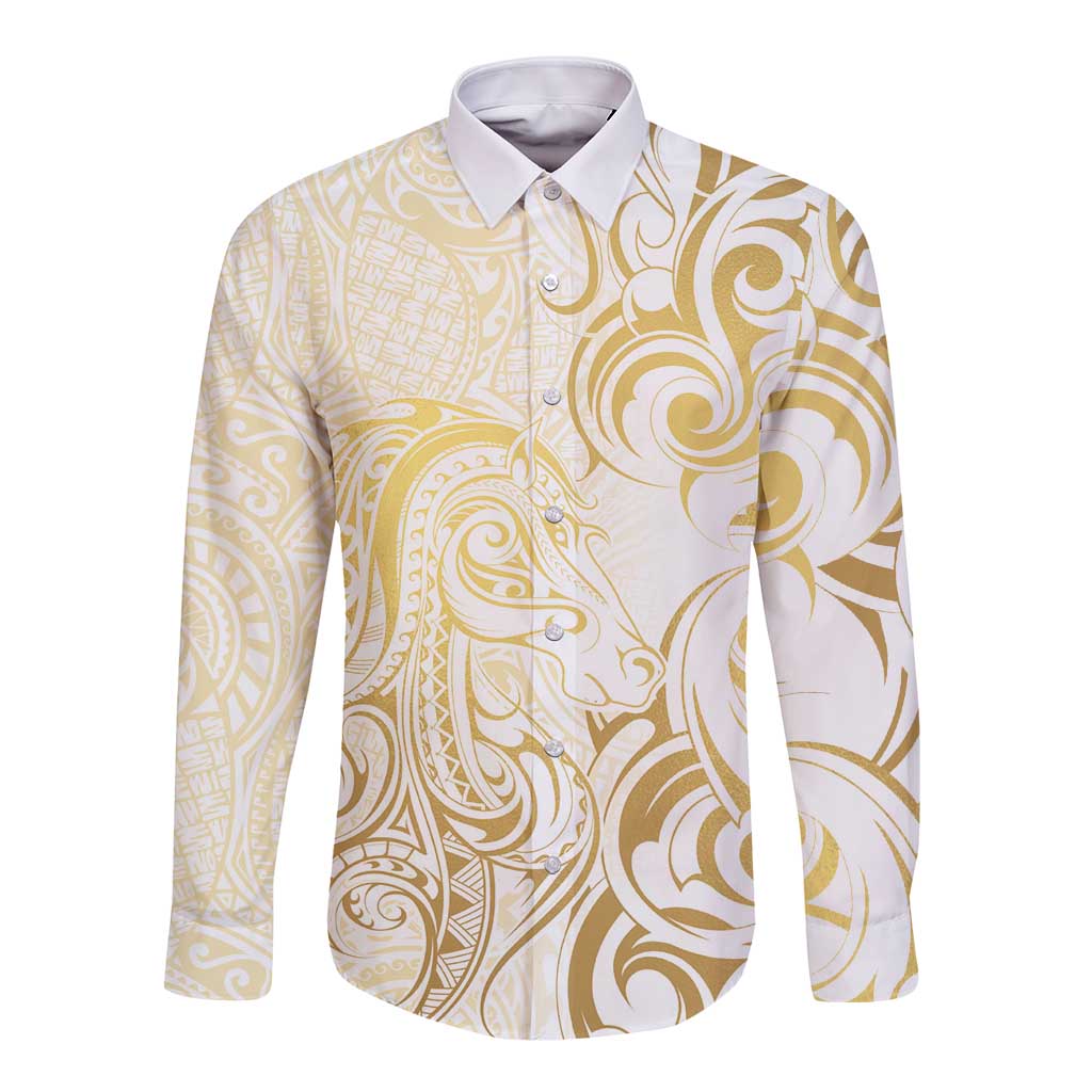 Gold And White Aoteara Horse Racing Long Sleeve Button Shirt NZ Maori Pattern