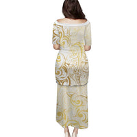 Gold And White Aoteara Horse Racing Puletasi NZ Maori Pattern