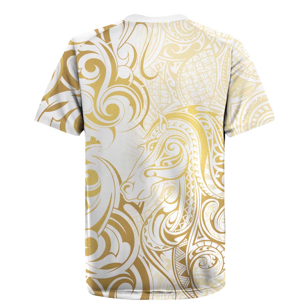 Gold And White Aoteara Horse Racing Rugby Jersey NZ Maori Pattern