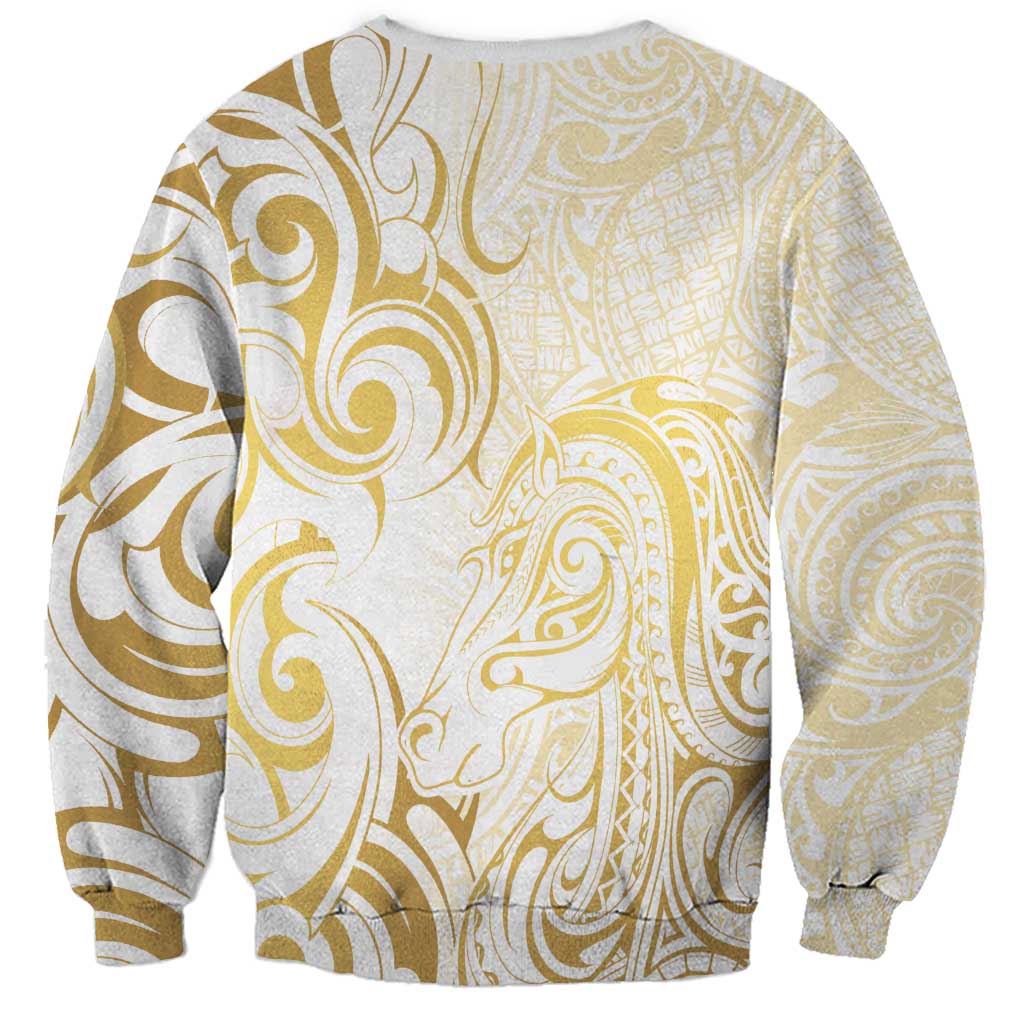 Gold And White Aoteara Horse Racing Sweatshirt NZ Maori Pattern