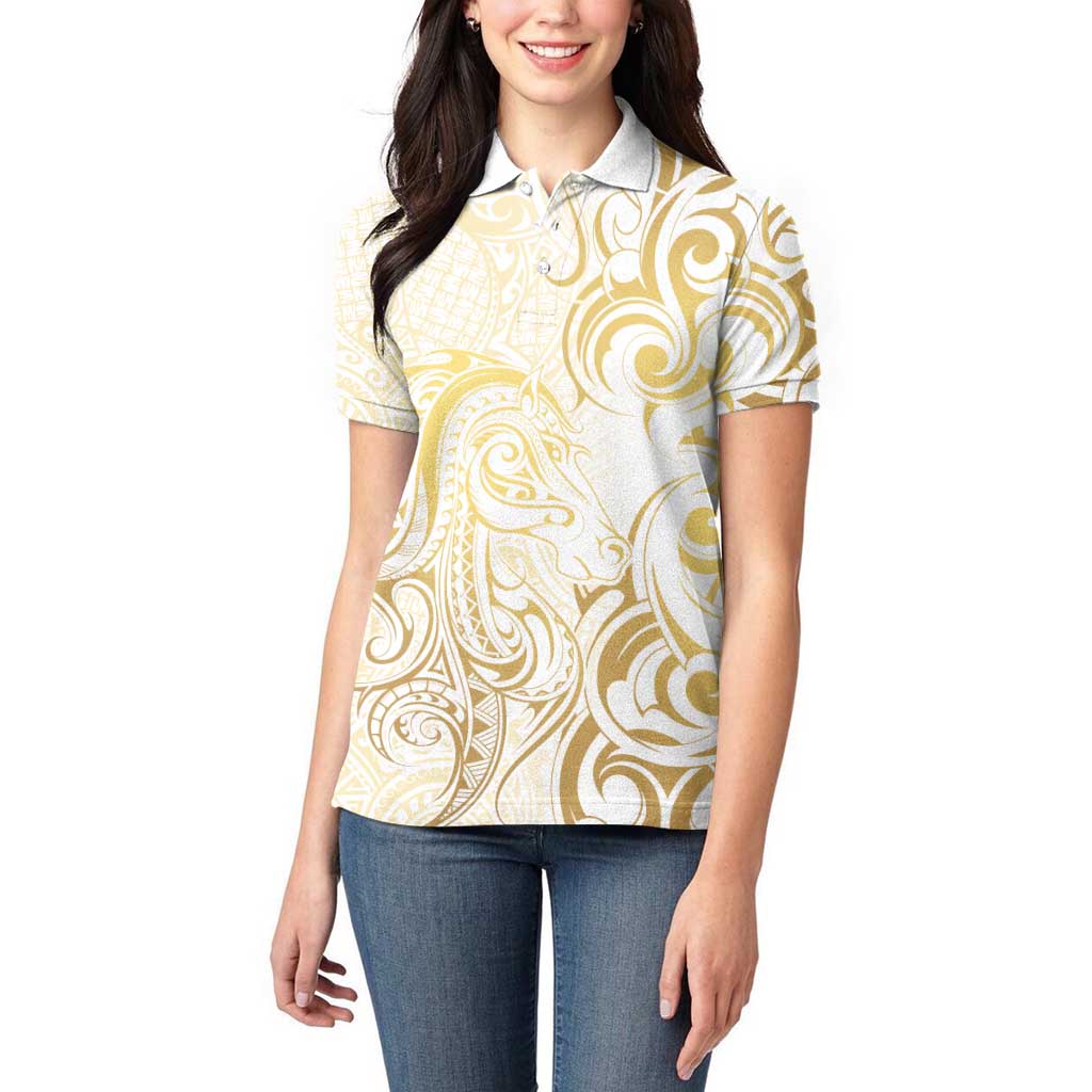 Gold And White Aoteara Horse Racing Women Polo Shirt NZ Maori Pattern
