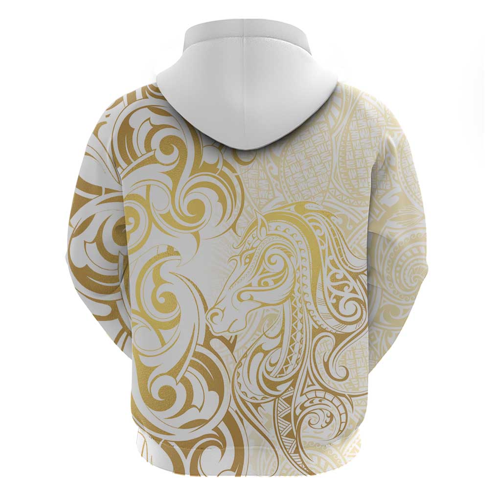 Gold And White Aoteara Horse Racing Zip Hoodie NZ Maori Pattern