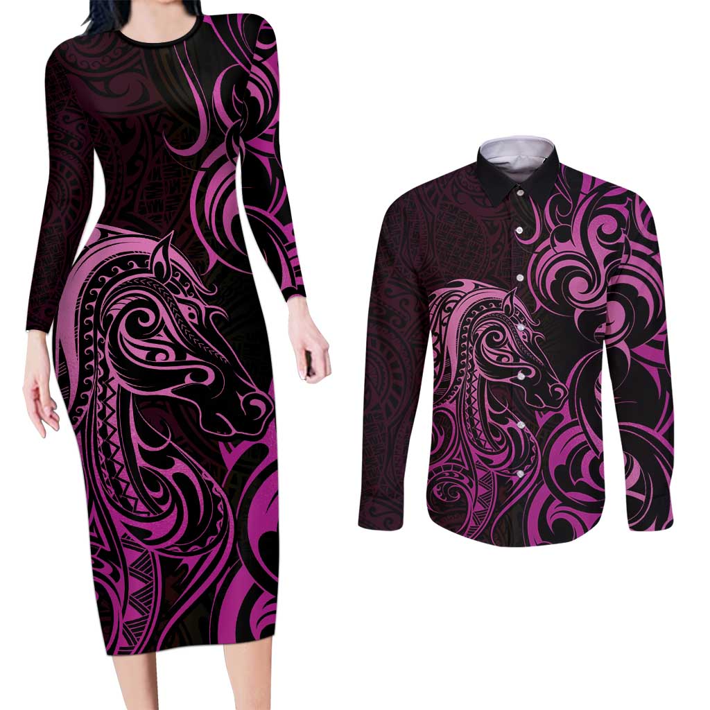 Pink Aotearoa Horse Racing Couples Matching Long Sleeve Bodycon Dress and Long Sleeve Button Shirt NZ Maori Pattern LT14 Pink - Polynesian Pride