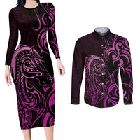Pink Aotearoa Horse Racing Couples Matching Long Sleeve Bodycon Dress and Long Sleeve Button Shirt NZ Maori Pattern LT14 Pink - Polynesian Pride