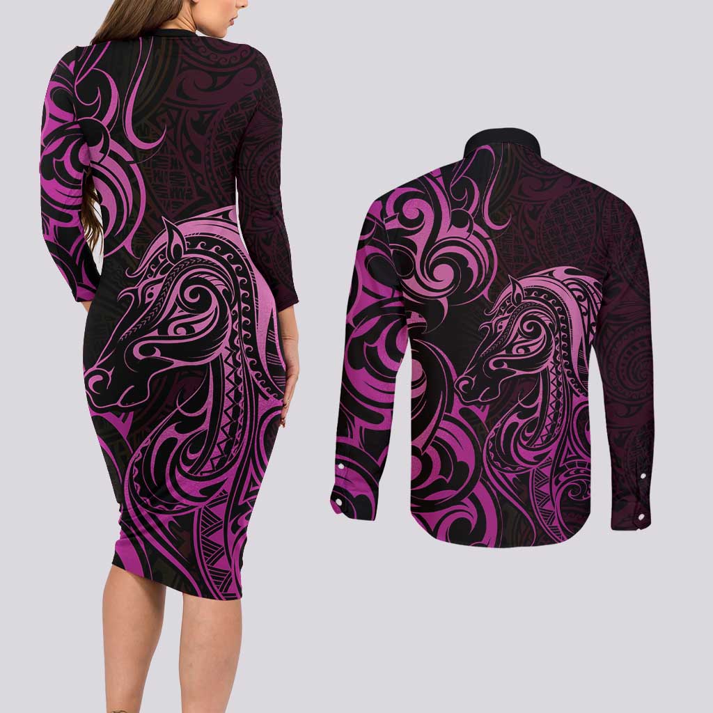 Pink Aotearoa Horse Racing Couples Matching Long Sleeve Bodycon Dress and Long Sleeve Button Shirt NZ Maori Pattern LT14 - Polynesian Pride