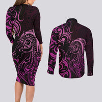 Pink Aotearoa Horse Racing Couples Matching Long Sleeve Bodycon Dress and Long Sleeve Button Shirt NZ Maori Pattern LT14 - Polynesian Pride