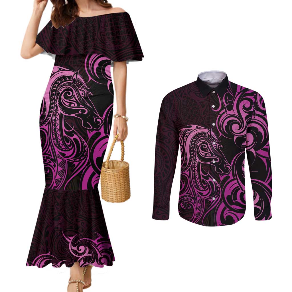 Pink Aotearoa Horse Racing Couples Matching Mermaid Dress and Long Sleeve Button Shirt NZ Maori Pattern LT14 Pink - Polynesian Pride