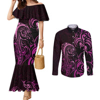Pink Aotearoa Horse Racing Couples Matching Mermaid Dress and Long Sleeve Button Shirt NZ Maori Pattern LT14 Pink - Polynesian Pride