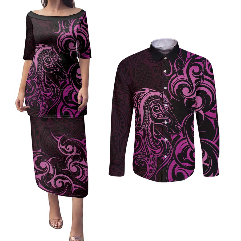 Pink Aotearoa Horse Racing Couples Matching Puletasi and Long Sleeve Button Shirt NZ Maori Pattern LT14 Pink - Polynesian Pride