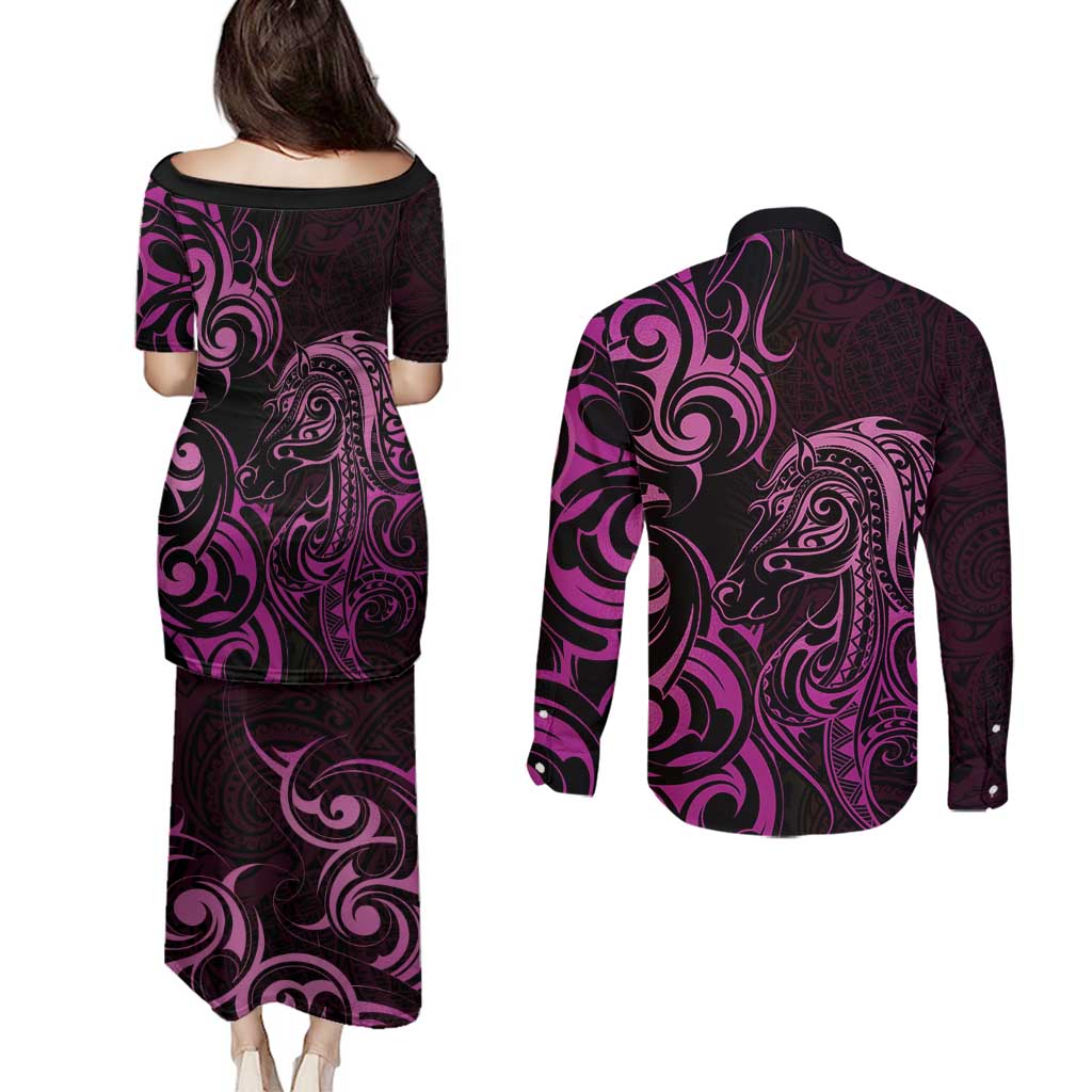 Pink Aotearoa Horse Racing Couples Matching Puletasi and Long Sleeve Button Shirt NZ Maori Pattern LT14 - Polynesian Pride