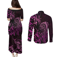Pink Aotearoa Horse Racing Couples Matching Puletasi and Long Sleeve Button Shirt NZ Maori Pattern LT14 - Polynesian Pride