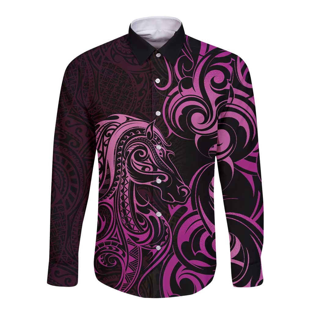 Pink Aoteara Horse Racing Long Sleeve Button Shirt NZ Maori Pattern