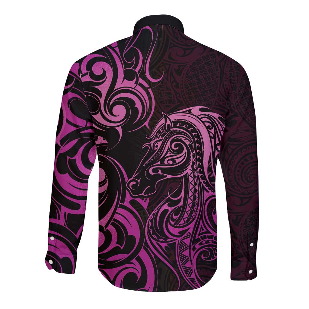 Pink Aoteara Horse Racing Long Sleeve Button Shirt NZ Maori Pattern