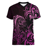 Pink Aotearoa Horse Racing Women V-Neck T-Shirt NZ Maori Pattern LT14 Female Pink - Polynesian Pride