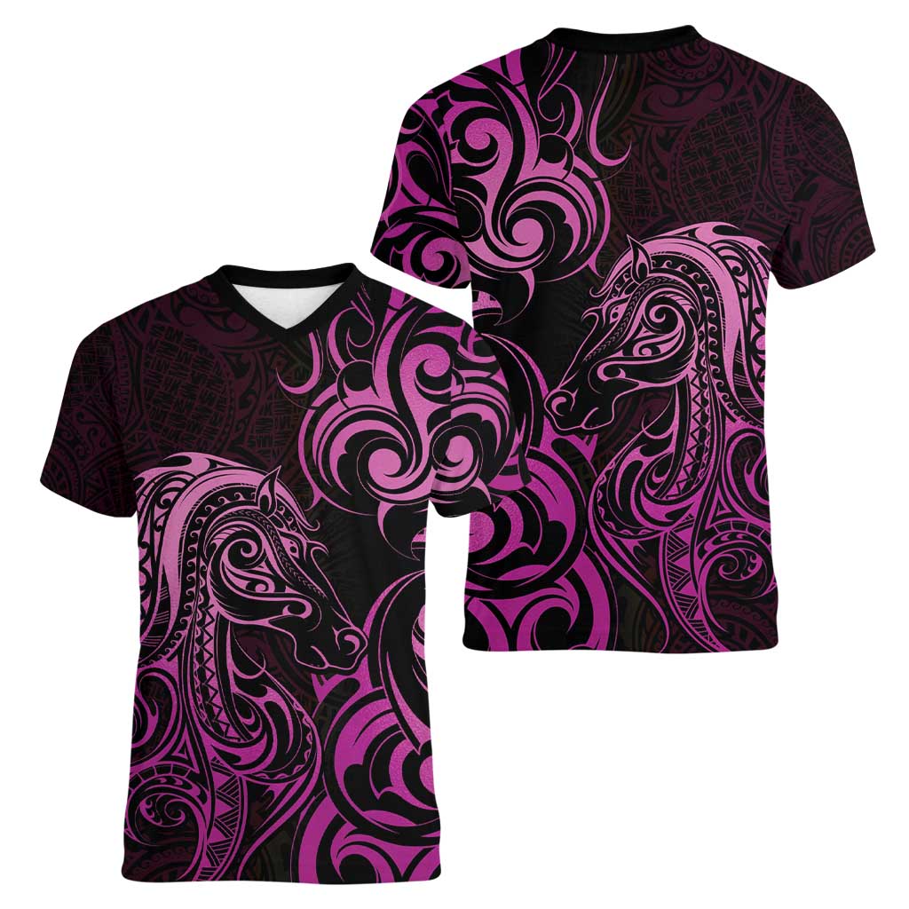 Pink Aotearoa Horse Racing Women V-Neck T-Shirt NZ Maori Pattern LT14 - Polynesian Pride