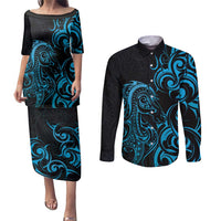 Blue Aoteara Horse Racing Couples Matching Puletasi and Long Sleeve Button Shirt NZ Maori Pattern