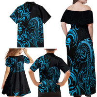 Blue Aoteara Horse Racing Family Matching Off Shoulder Maxi Dress and Hawaiian Shirt NZ Maori Pattern